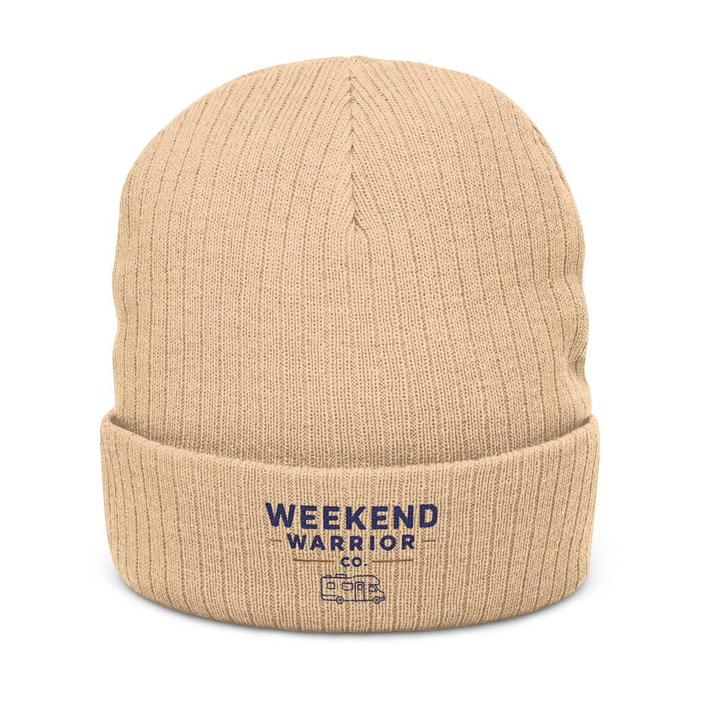Weekend Warrior Camping Ribbed Knit Beanie — Embroidered Cuff Hat