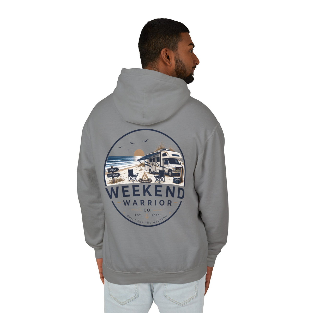 Weekend Warrior Hoodie — Coastal Camping Graphic Hooded Sweatshirt