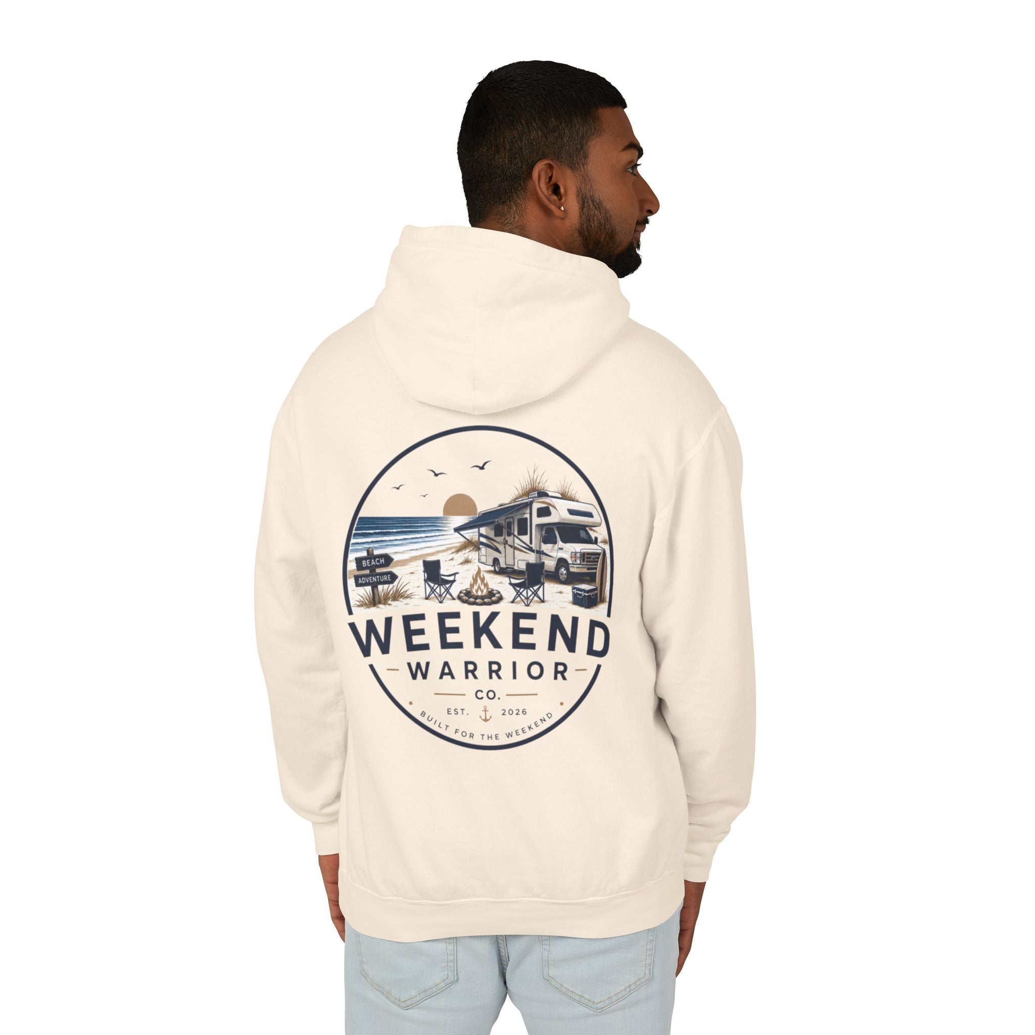 Weekend Warrior Hoodie — Coastal Camping Graphic Hooded Sweatshirt