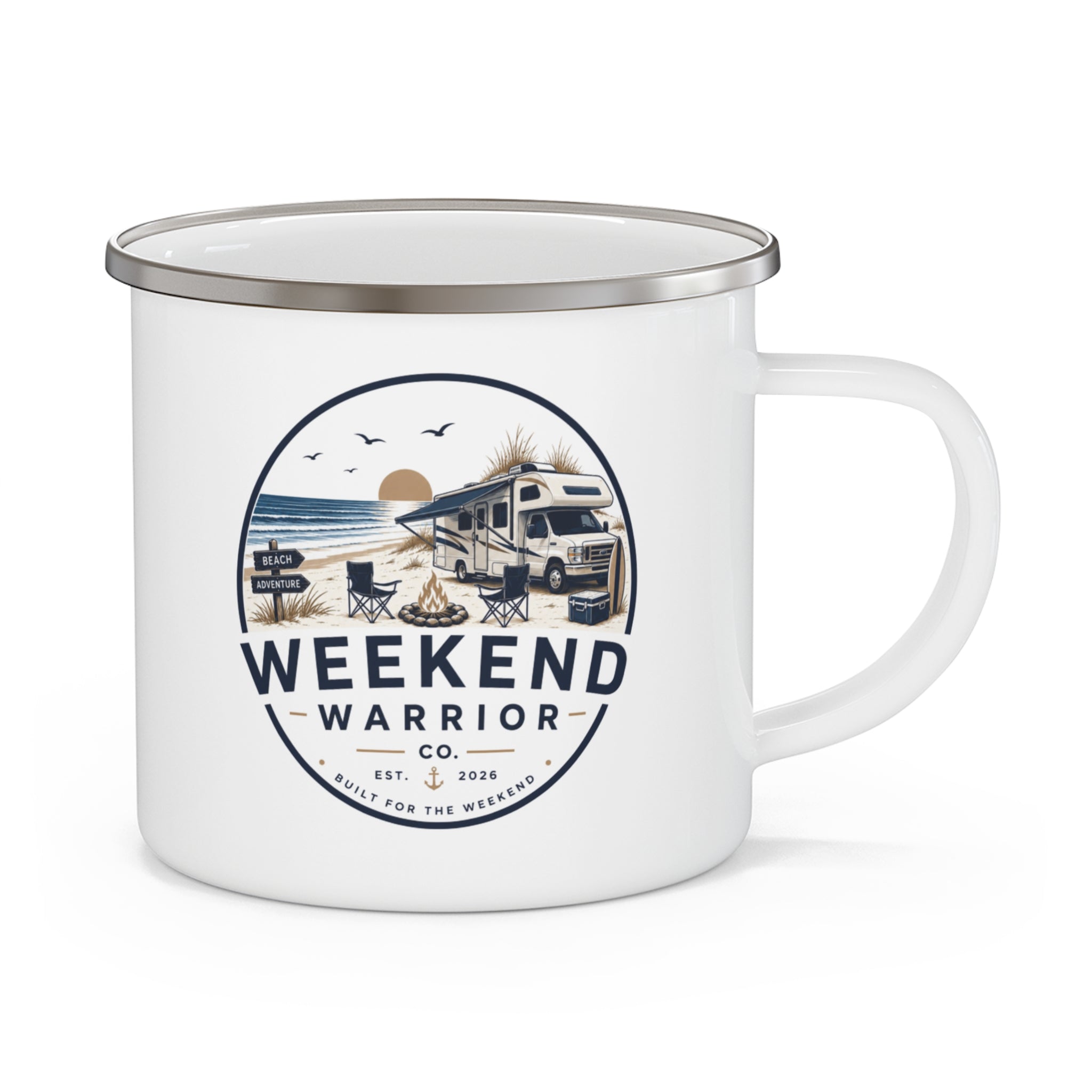 Weekend Warrior Enamel Camping Mug – RV & Beach Adventure Campfire Cup