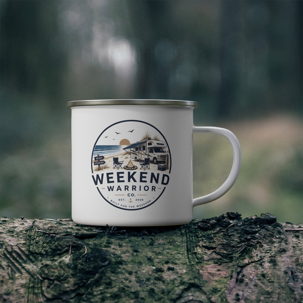 Weekend Warrior Enamel Camping Mug – RV & Beach Adventure Campfire Cup