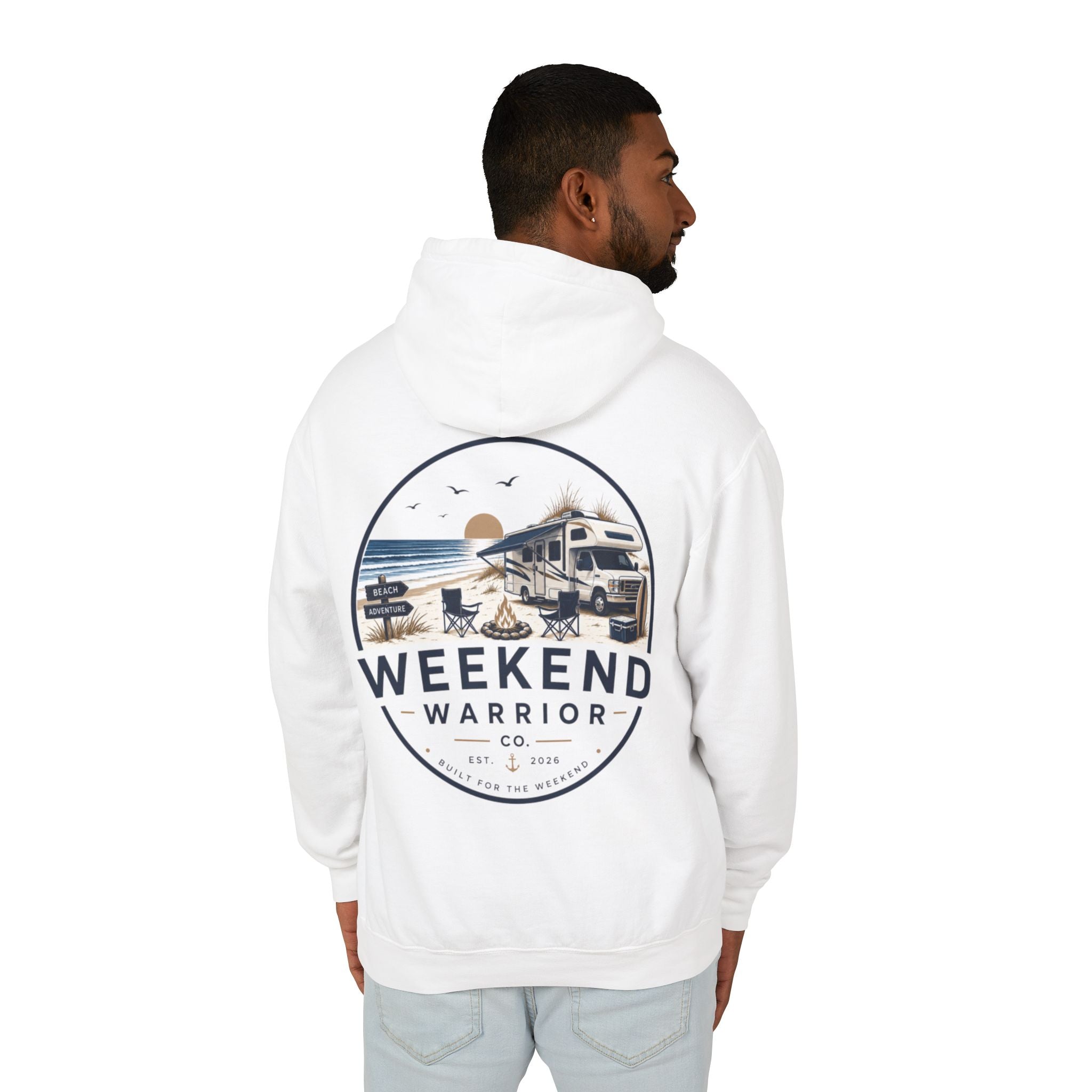 Weekend Warrior Hoodie — Coastal Camping Graphic Hooded Sweatshirt