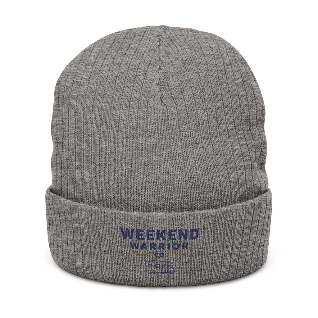 Weekend Warrior Camping Ribbed Knit Beanie — Embroidered Cuff Hat
