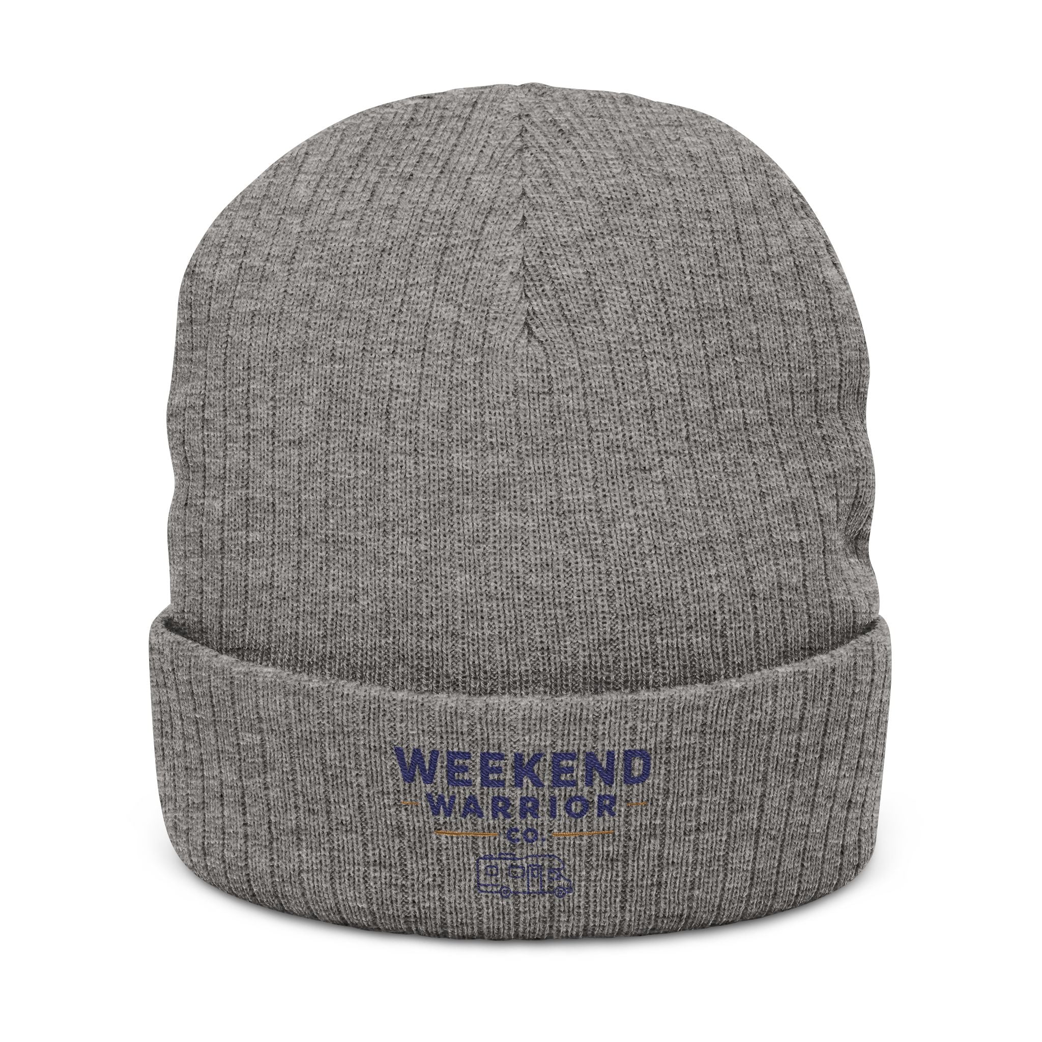 Weekend Warrior Camping Ribbed Knit Beanie — Embroidered Cuff Hat